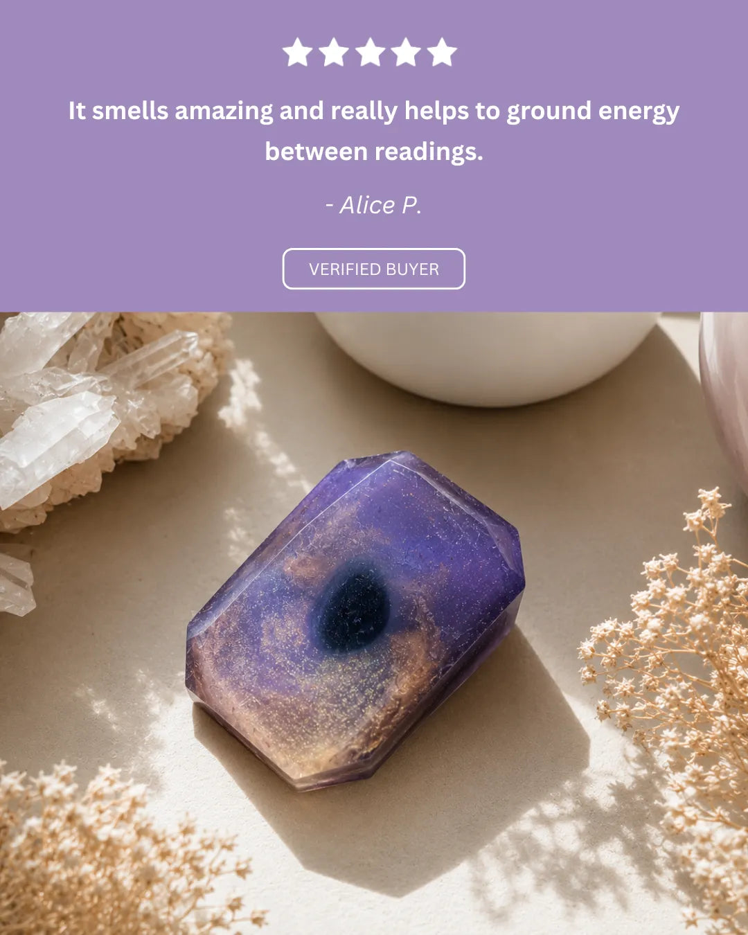Customer review sharing how the soap feels grounding and luxurious during self-care rituals.