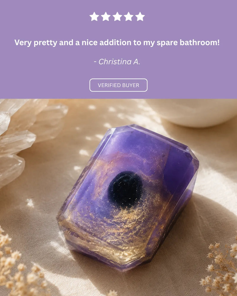 Customer review sharing how the soap feels grounding and luxurious during self-care rituals.