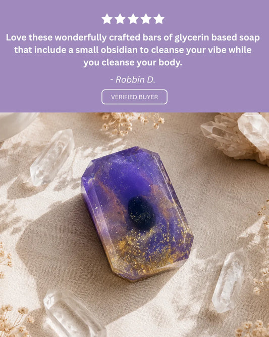 Five-star customer review praising the refreshing scent and hidden crystal surprise inside the soap.