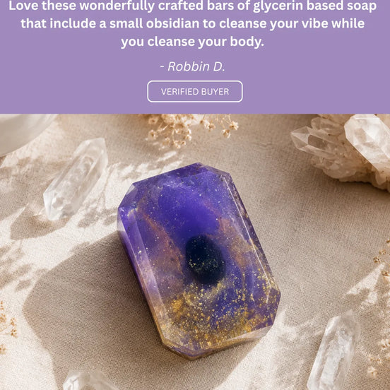 Five-star customer review praising the refreshing scent and hidden crystal surprise inside the soap.