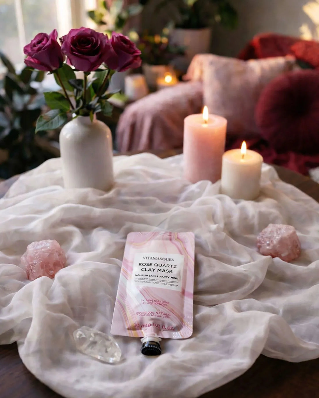Rose quartz clay facial mask by Vitamasques for self-love and radiant skincare ritual.