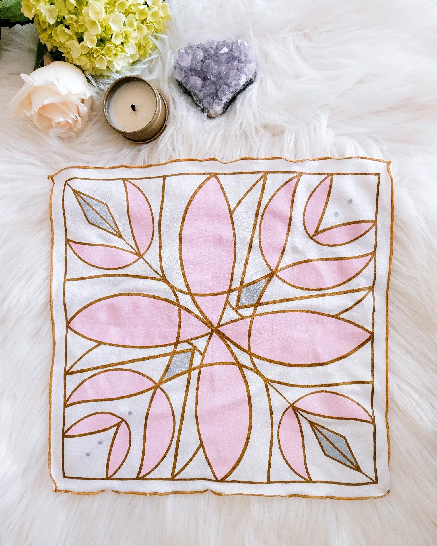 Crystal-infused altar cloth featuring a sacred lightcode design for intention setting and ritual work.