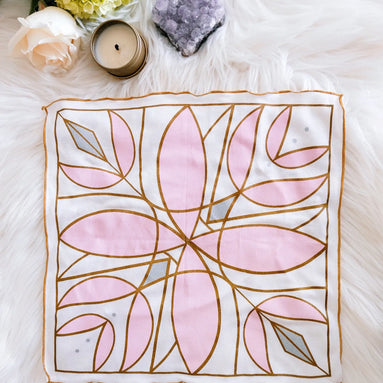 Crystal-infused altar cloth featuring a sacred lightcode design for intention setting and ritual work.