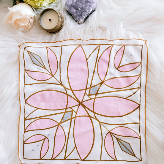 Crystal-infused altar cloth featuring a sacred lightcode design for intention setting and ritual work.