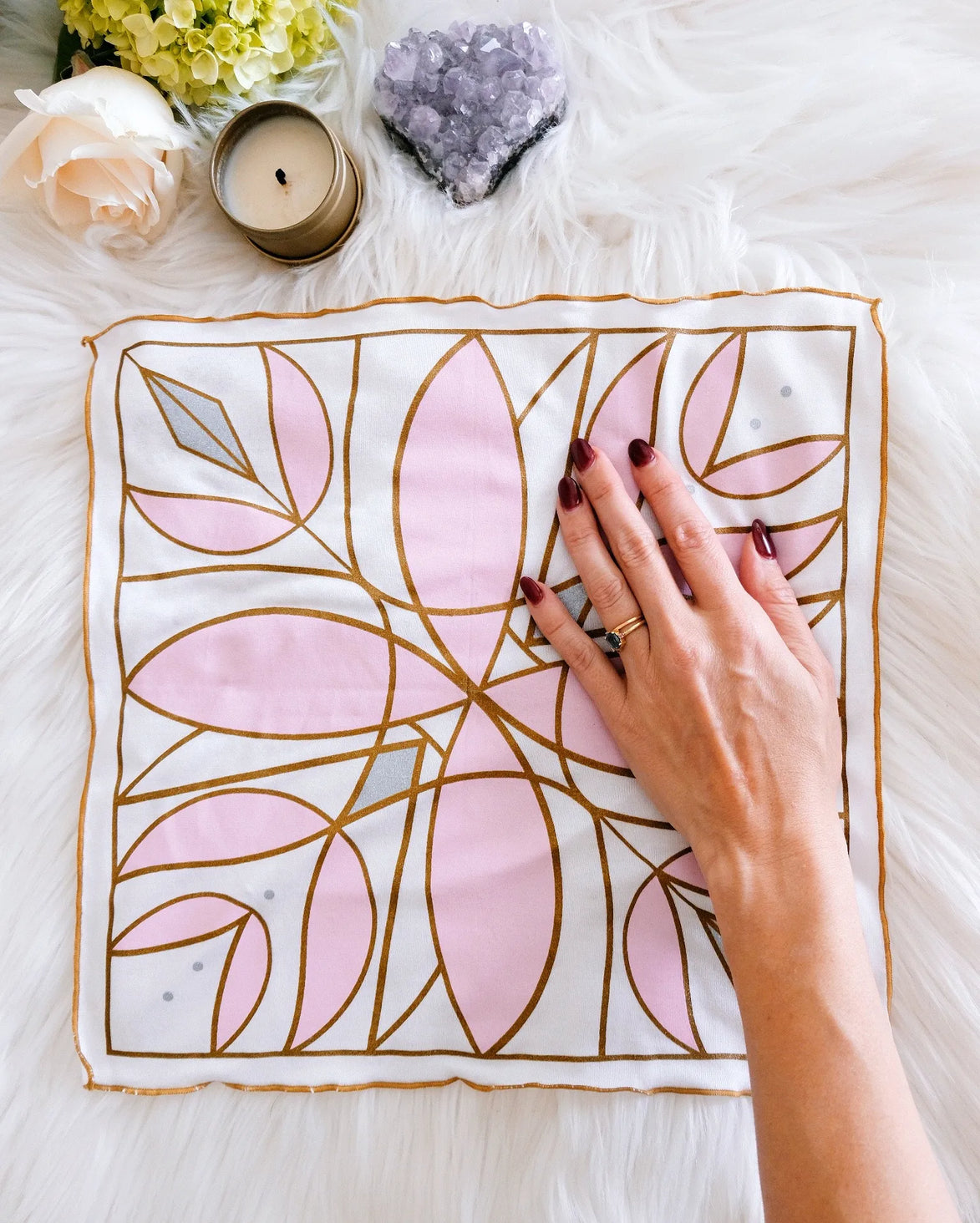 Hand screen-printed altar cloth made from eco-friendly micro modal fabric with a channeled lightcode design.