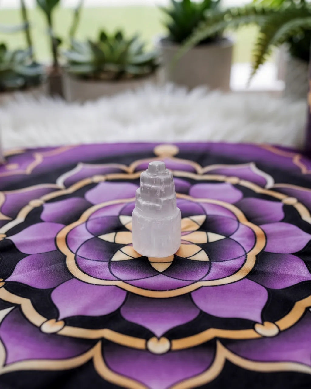 selenite crystal tower for energy cleansing, charging, and crown chakra meditation