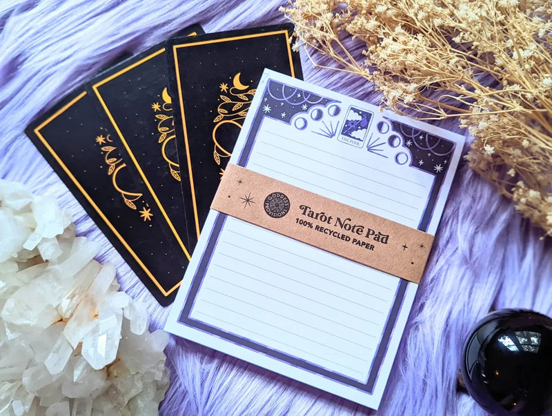 Compact Major Arcana memo pad displayed beside tarot cards, crystals, and journaling supplies.