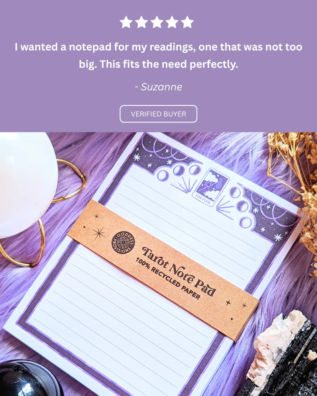 Five-star customer review praising the tarot artwork and practical design of the notepad.