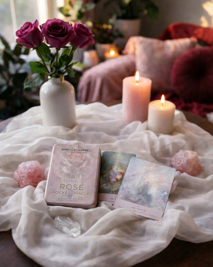 The Rose Oracle Pocket Edition mini card deck designed for intuitive guidance and heart-centered reflection.