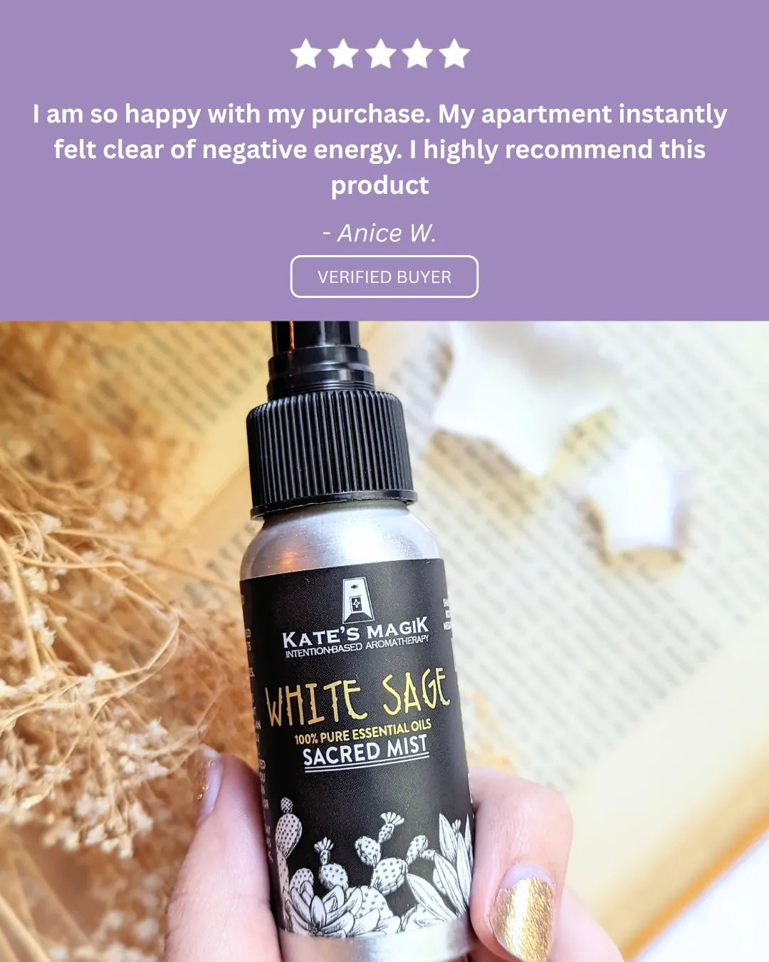 Five-star customer review praising the fresh, calming scent of the White Sage Sacred Mist.