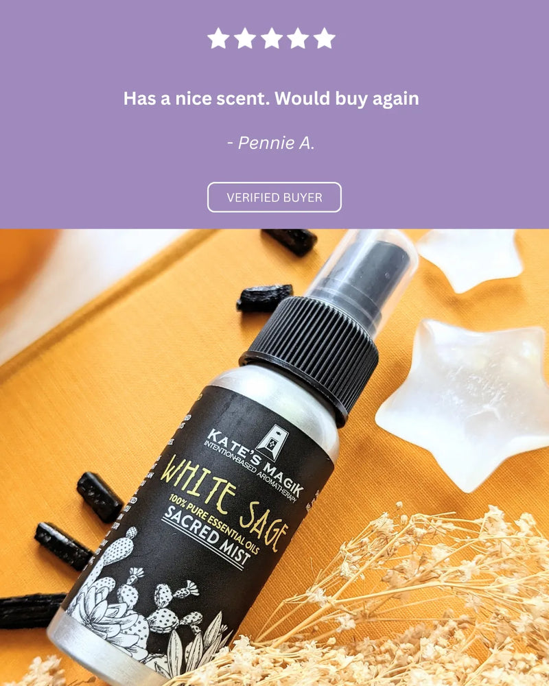 Positive review highlighting the grounding aroma and beautiful ritual experience of the sacred mist.