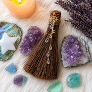 decorative ritual besom with cinnamon scent, beads, and jute twine for altar décor
