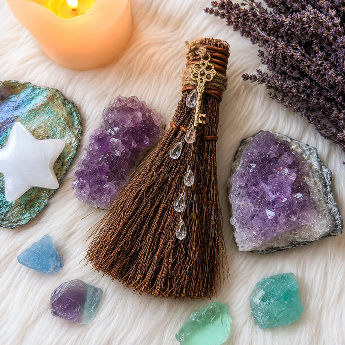 decorative ritual besom with cinnamon scent, beads, and jute twine for altar décor