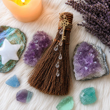decorative ritual besom with cinnamon scent, beads, and jute twine for altar décor