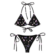 Woman's black sting bikini with crystals the moon butterflies and flowers patterns