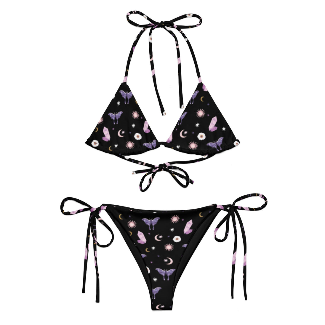 Woman's black sting bikini with crystals the moon butterflies and flowers patterns