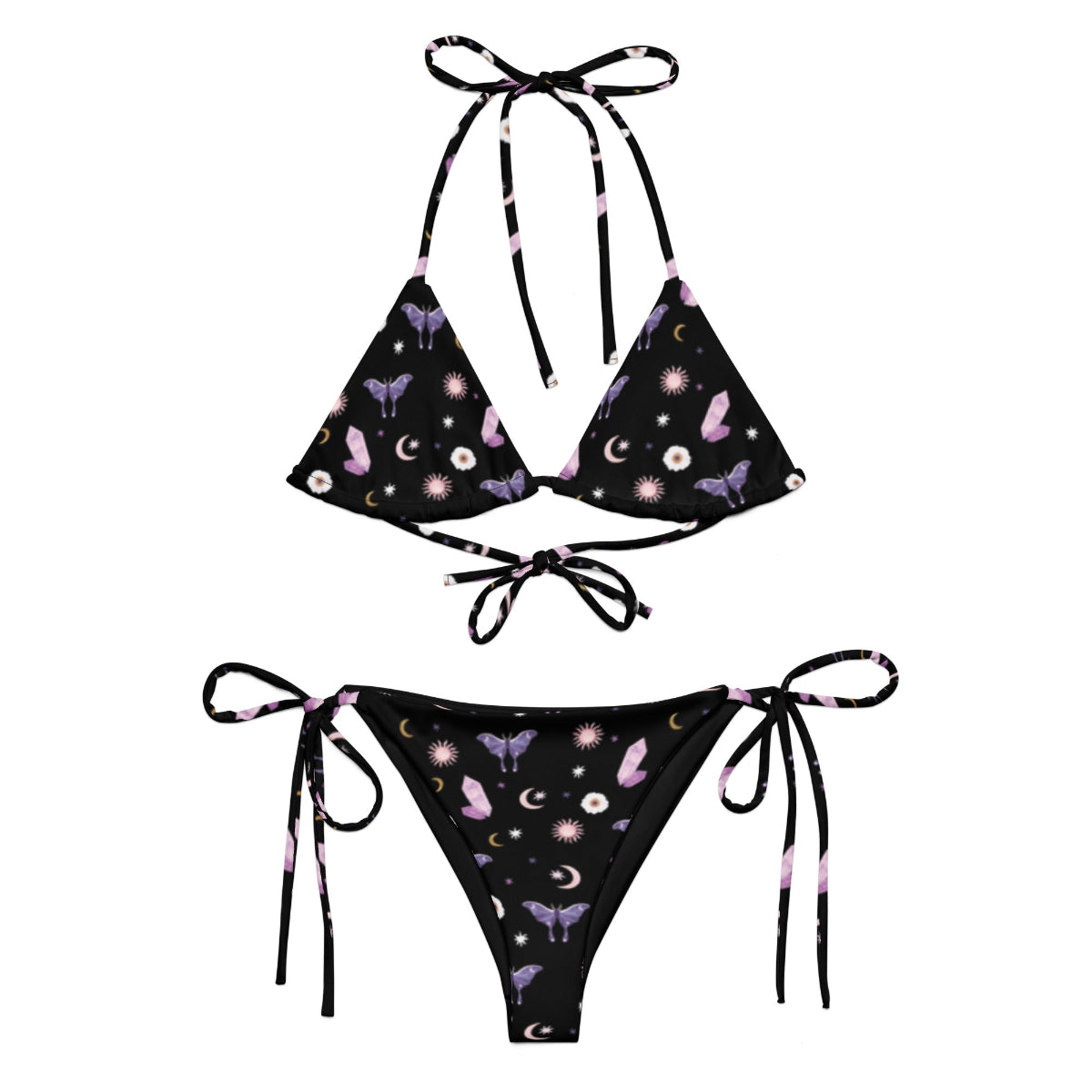 Woman's black sting bikini with crystals the moon butterflies and flowers patterns