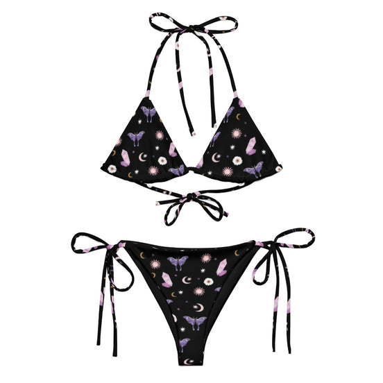 Woman's black sting bikini with crystals the moon butterflies and flowers patterns