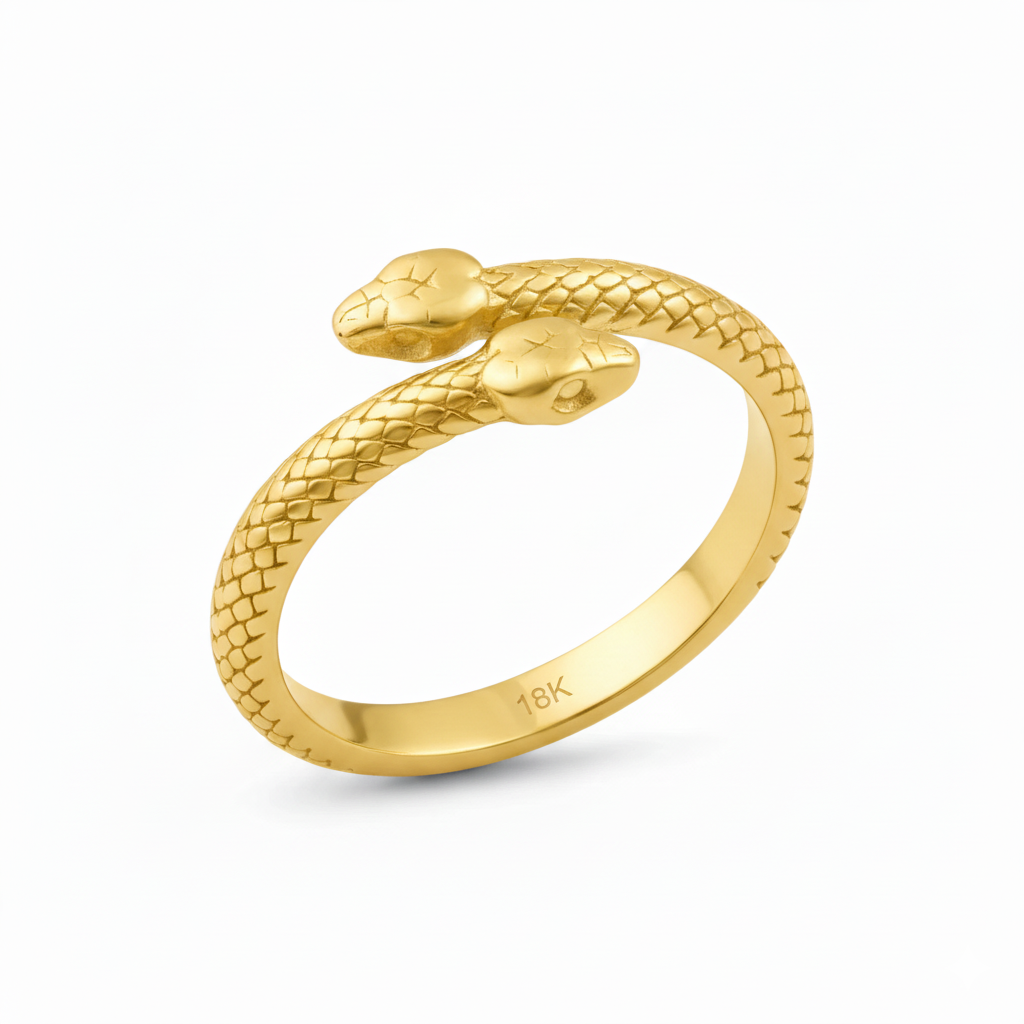 18k solid gold snake ring in yellow gold, coiled serpent design, worn on a woman's hand