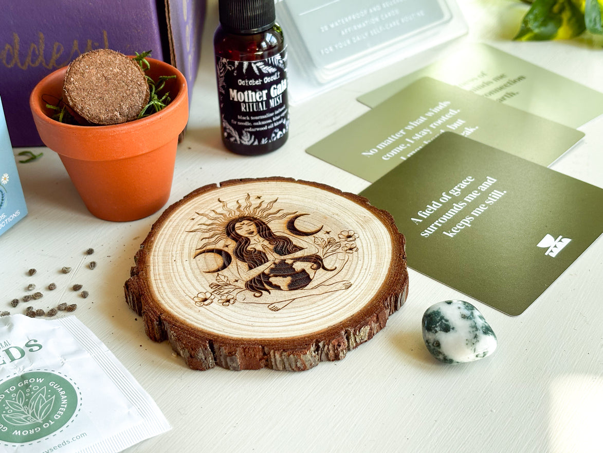 Mother Gaia Wooden Altar Tile – Earth Goddess Altar Decor | Exclusive Witch Ritual Tool for Spiritual Renewal | Goddess Provisions Design