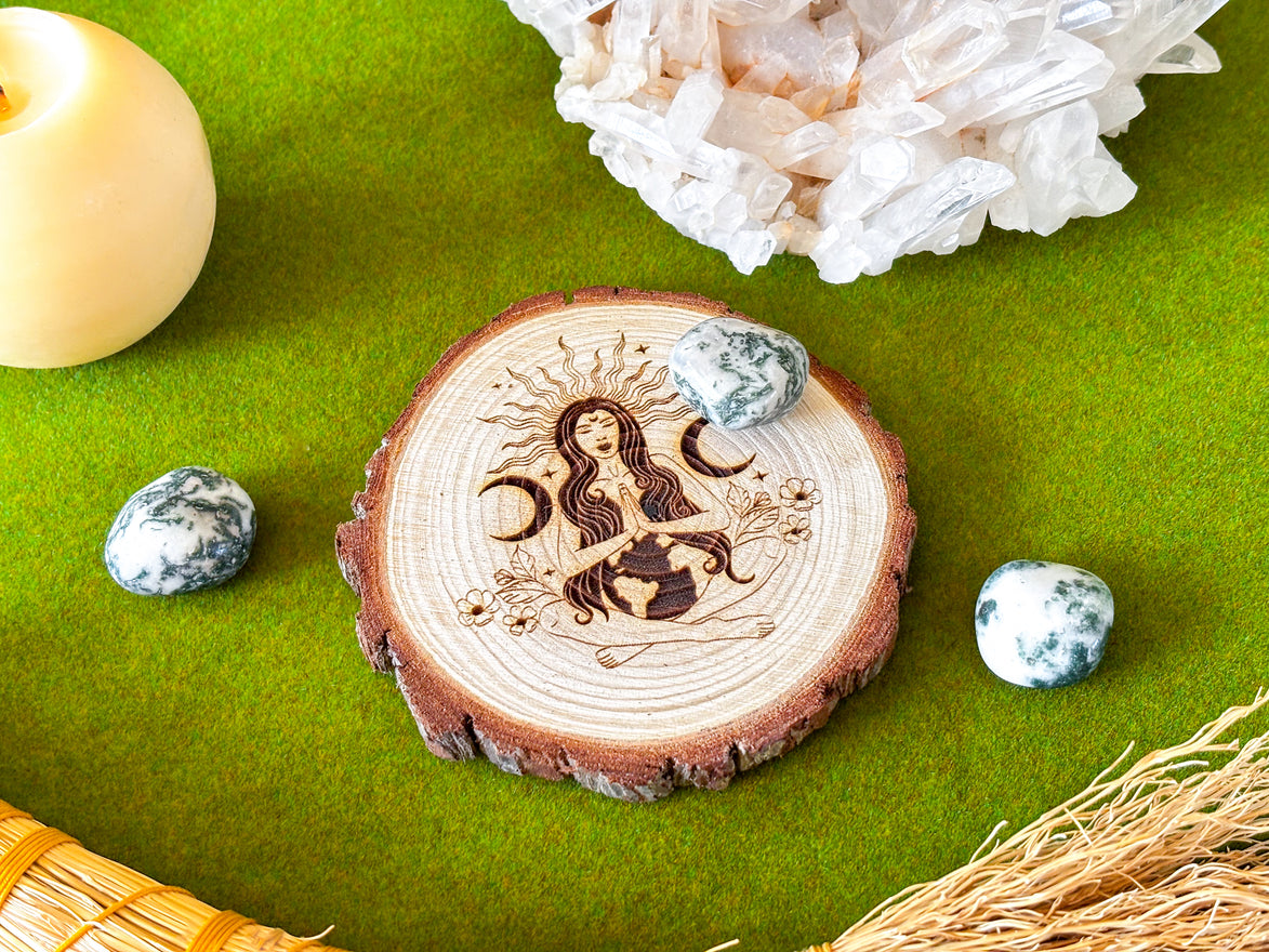 Mother Gaia Wooden Altar Tile – Earth Goddess Altar Decor | Exclusive Witch Ritual Tool for Spiritual Renewal | Goddess Provisions Design