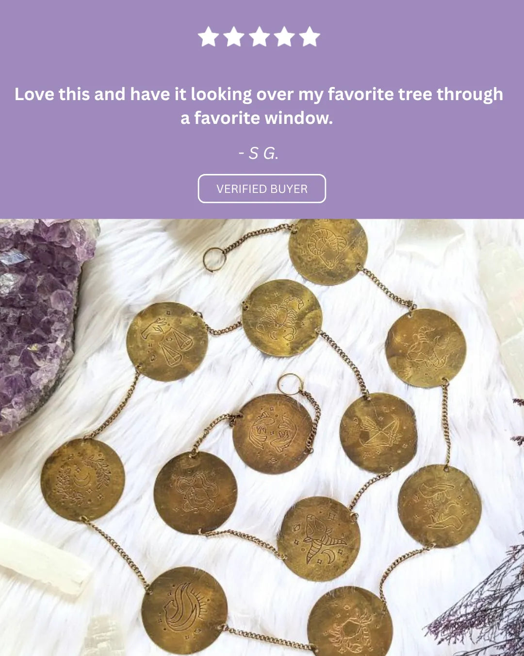 Customer review sharing how the zodiac decor adds a magical and celestial touch to their sacred space.