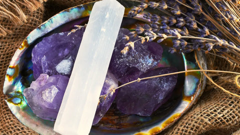 Abalone shell filled with Amethyst crystals and Selenite wand with dried Lavender
