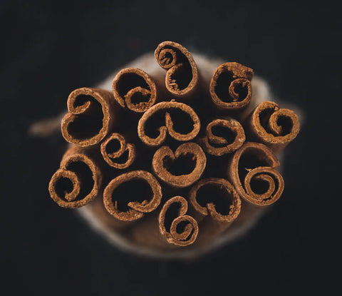 Bundle of cinnamon sticks with curled reddish-brown bark for Winter Nights herbal guide