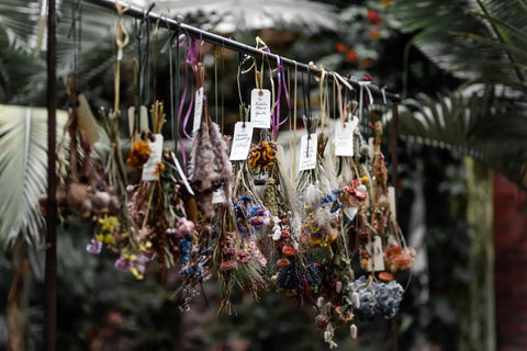 Bundles of dried flowers and herbs with tags for making flower essences in a guide