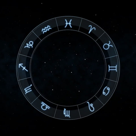 Circular zodiac wheel with glowing blue astrological symbols for Astrology 101 article