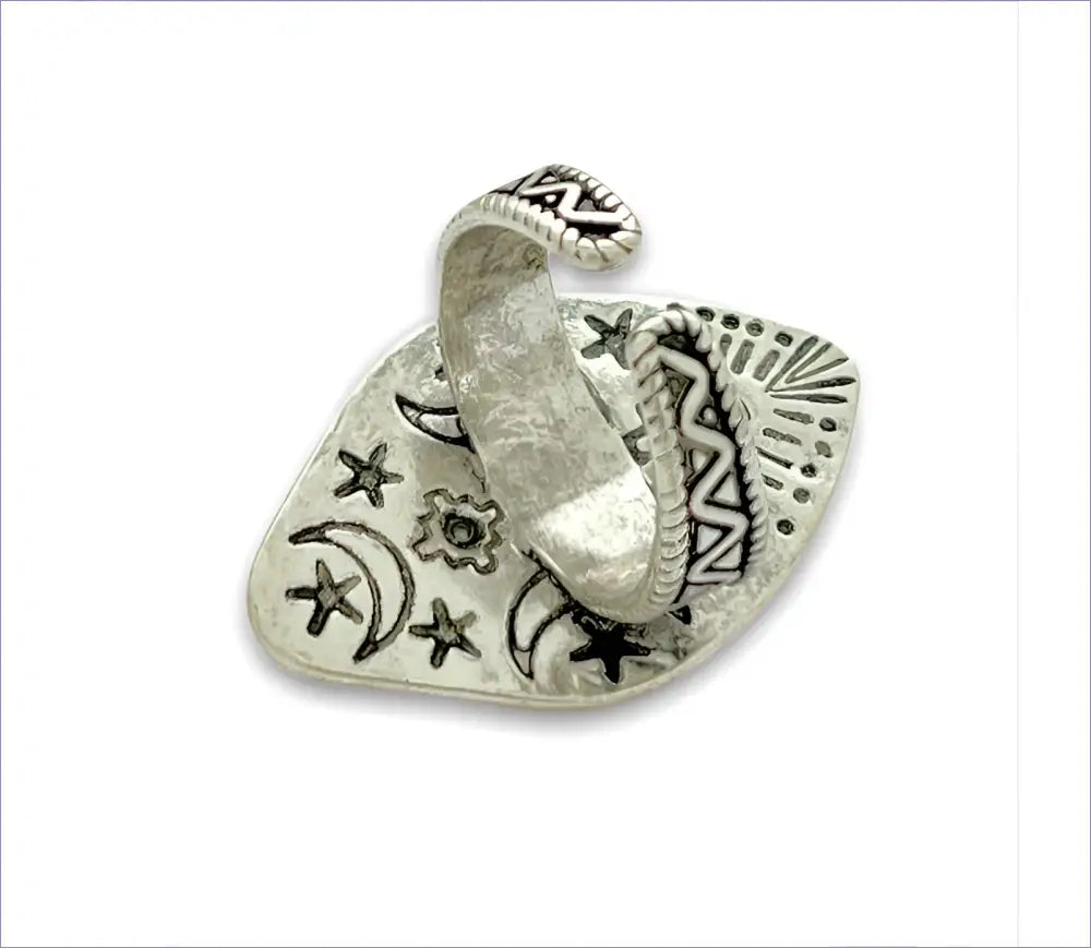 Adjustable antique silver-plated brass Clear Quartz Moonlight Ring featuring a crescent moon and crystal design. Available at Goddess Provisions