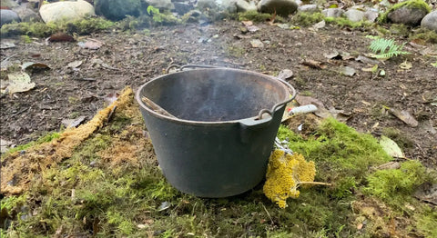 Dark cast-iron pot with handle and rising smoke for plant alchemy and divination article