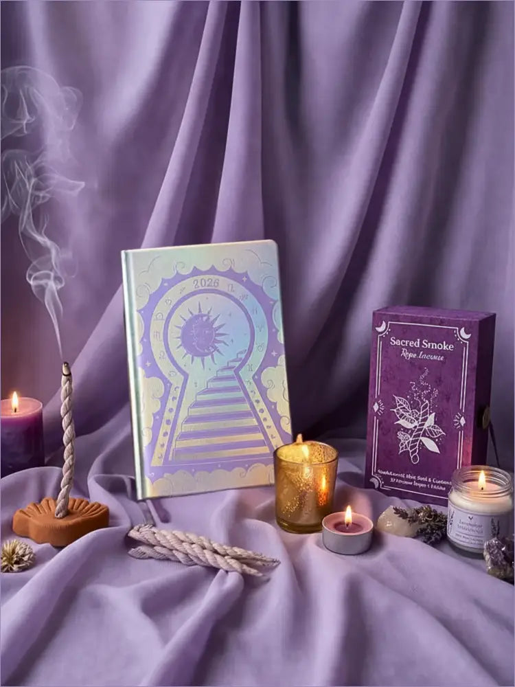 Decorative setup with a colorful book, candles, and incense on a purple fabric background