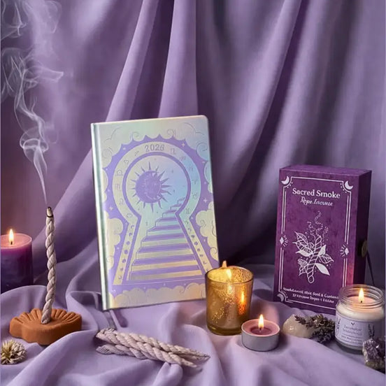 Decorative setup with a colorful book, candles, and incense on a purple fabric background