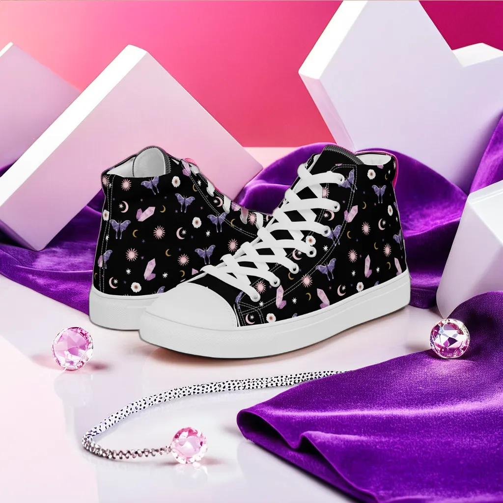 Woman's Hightop Sneakers - Black Crystal Moon Moth Hightop Sneakers