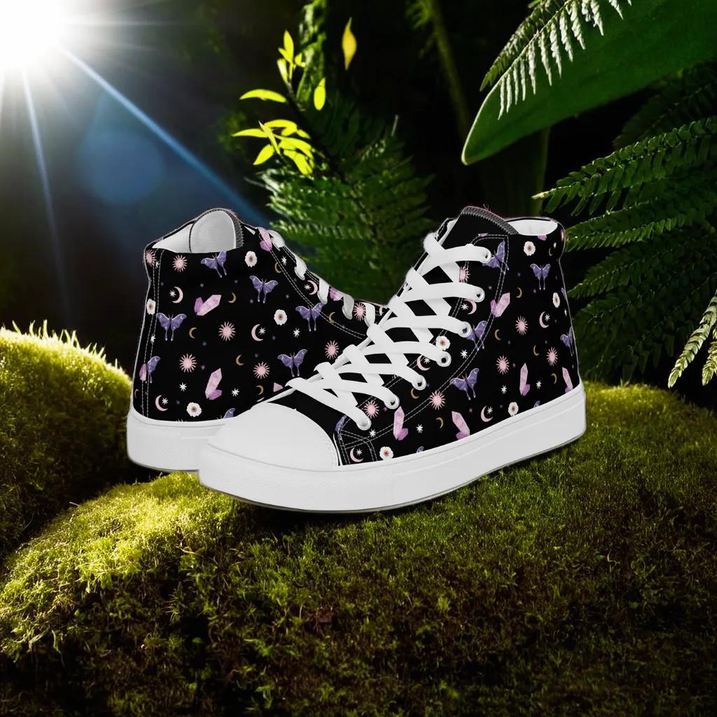 Woman's Hightop Sneakers - Black Crystal Moon Moth Hightop Sneakers