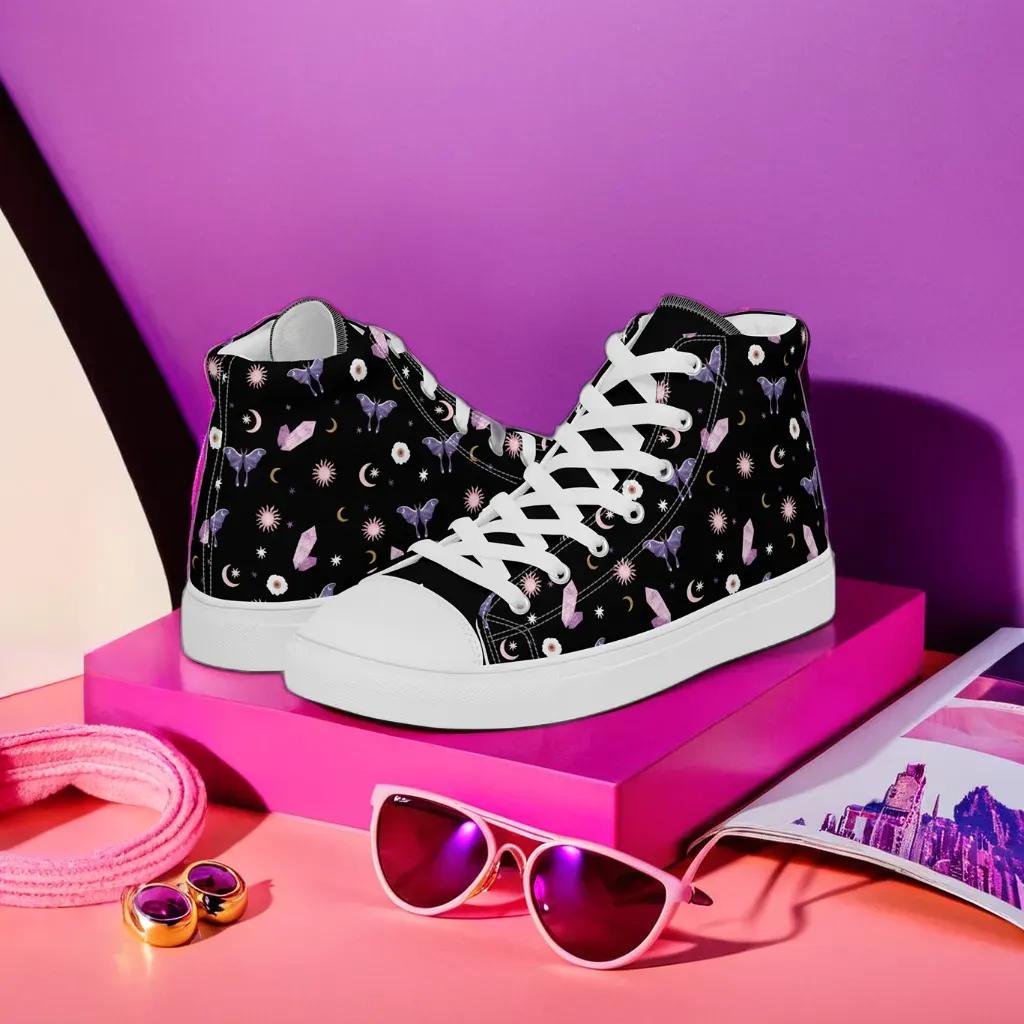 Woman's Hightop Sneakers - Black Crystal Moon Moth Hightop Sneakers