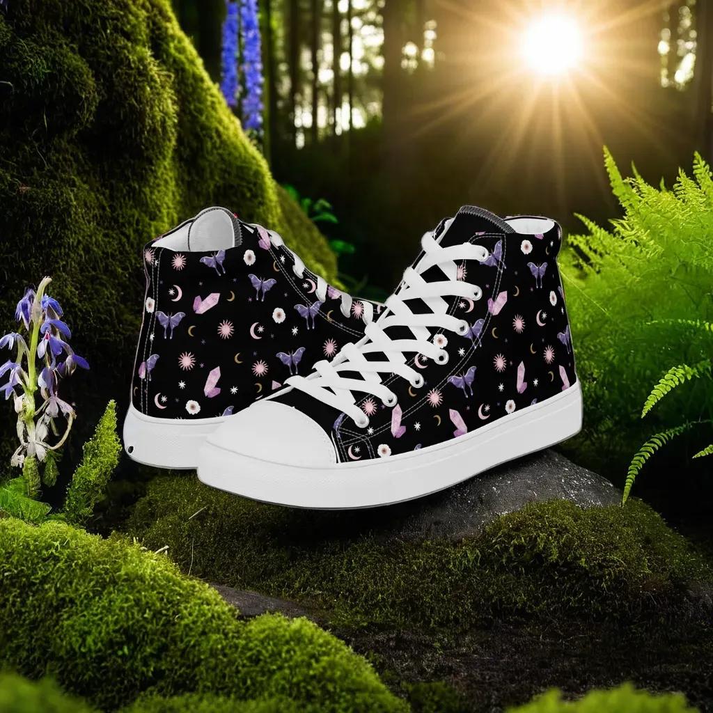 Woman's Hightop Sneakers - Black Crystal Moon Moth Hightop Sneakers