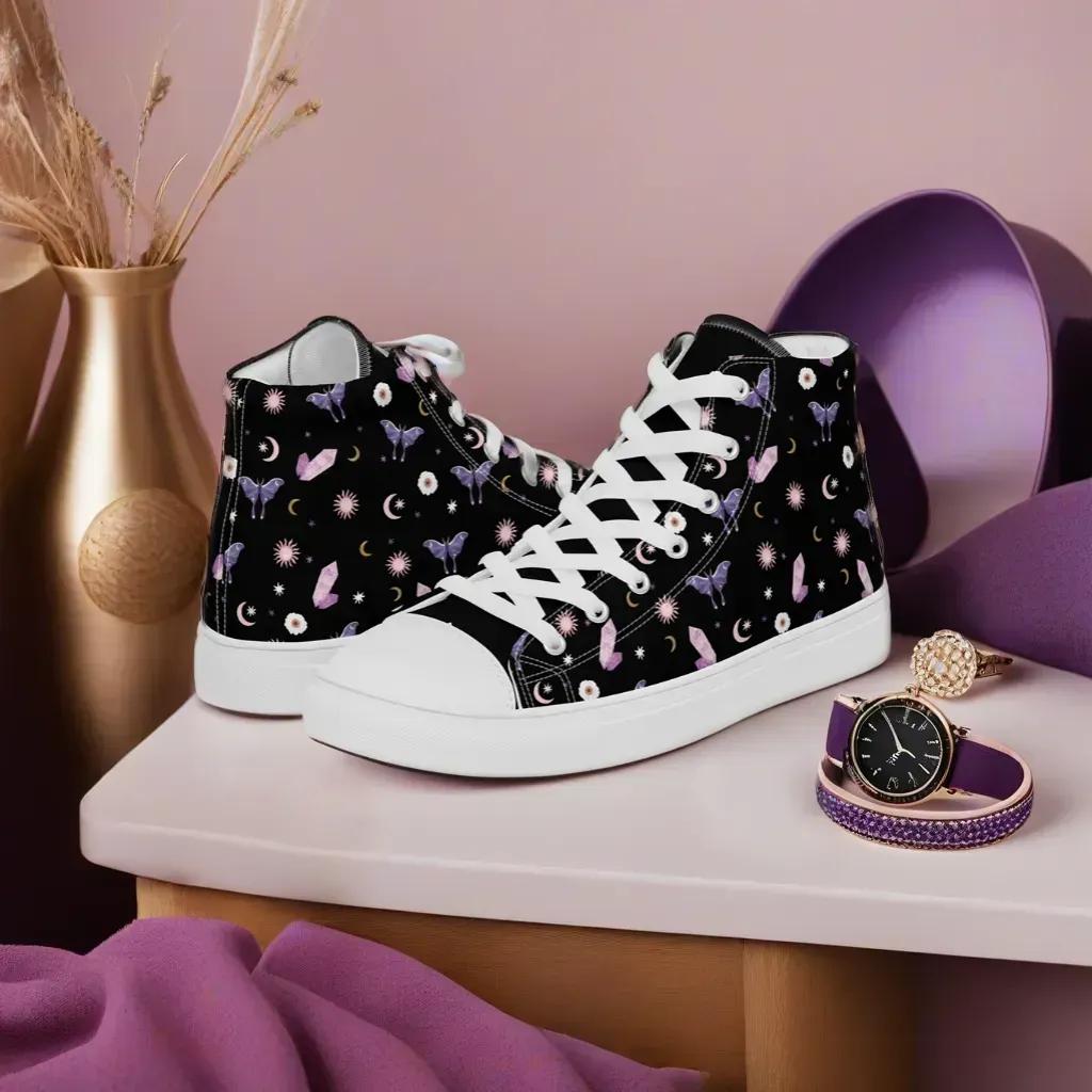 Woman's Hightop Sneakers - Black Crystal Moon Moth Hightop Sneakers