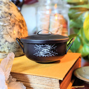 Mystic Cauldron for rituals and spellwork with mystical designs. Perfect for burning herbs, holding crystals, or enhancing your altar. Available at Goddess Provisions