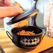 Mystic Cauldron for rituals and spellwork with mystical designs. Perfect for burning herbs, holding crystals, or enhancing your altar. Available at Goddess Provisions