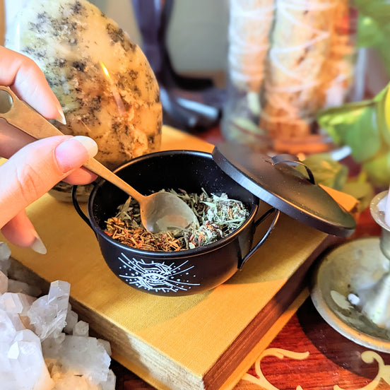 Mystic Cauldron for rituals and spellwork with mystical designs. Perfect for burning herbs, holding crystals, or enhancing your altar. Available at Goddess Provisions