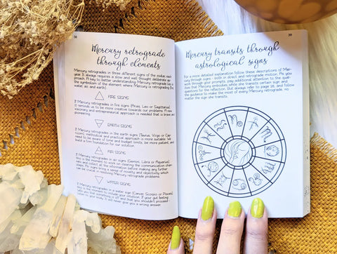 Open book with handwritten text and astrological diagrams for Mercury Retrograde Journal