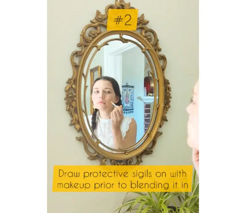 Ornate gold-framed oval mirror reflecting mystical ambiance in a glamour magic setting