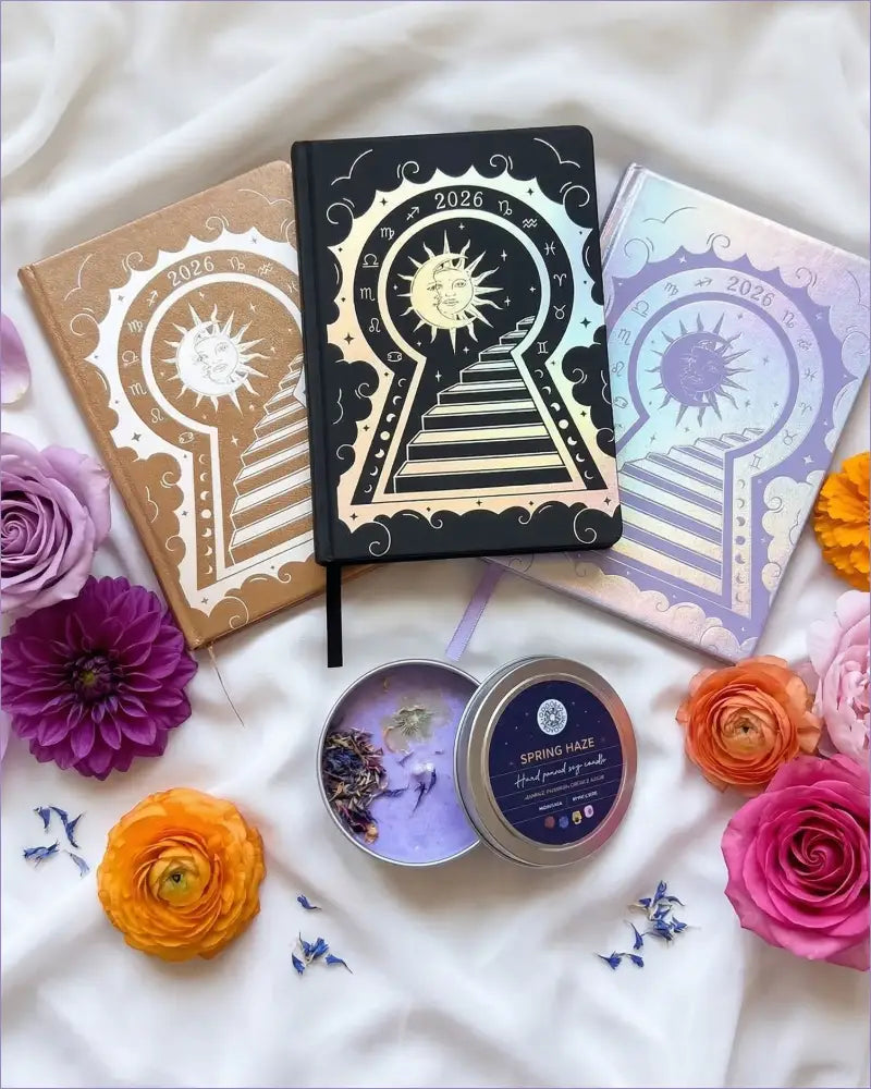 Three 2026 moon planners or 2026 Lunar planners with a spring Haze candle with herbs inside and flowers on a light cream silk surface