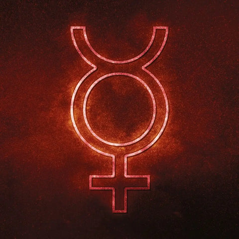 Stylized glowing red Mercury symbol representing astrology in Mercury Retrograde Journal