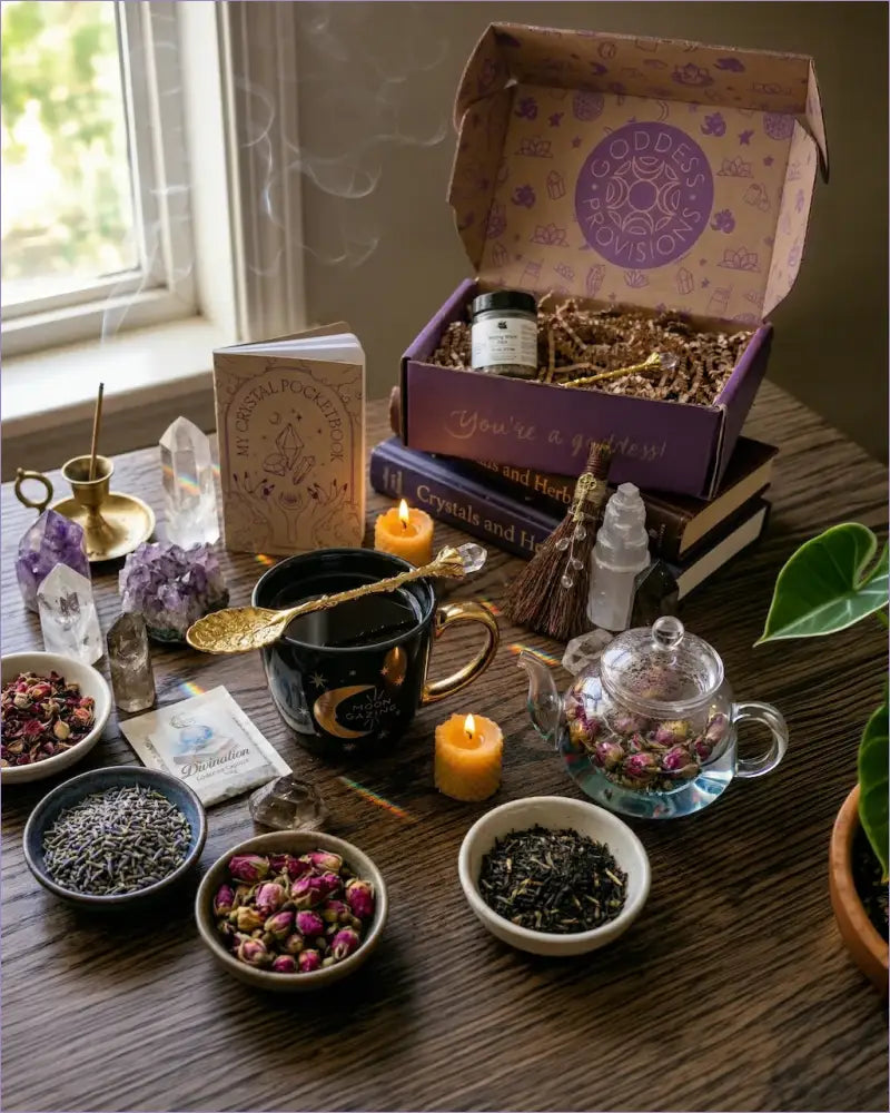 Curated spiritual ritual set with spiritual tools including crystal notebook, herbal tea, ritual spoon, facial steam, and amethyst.