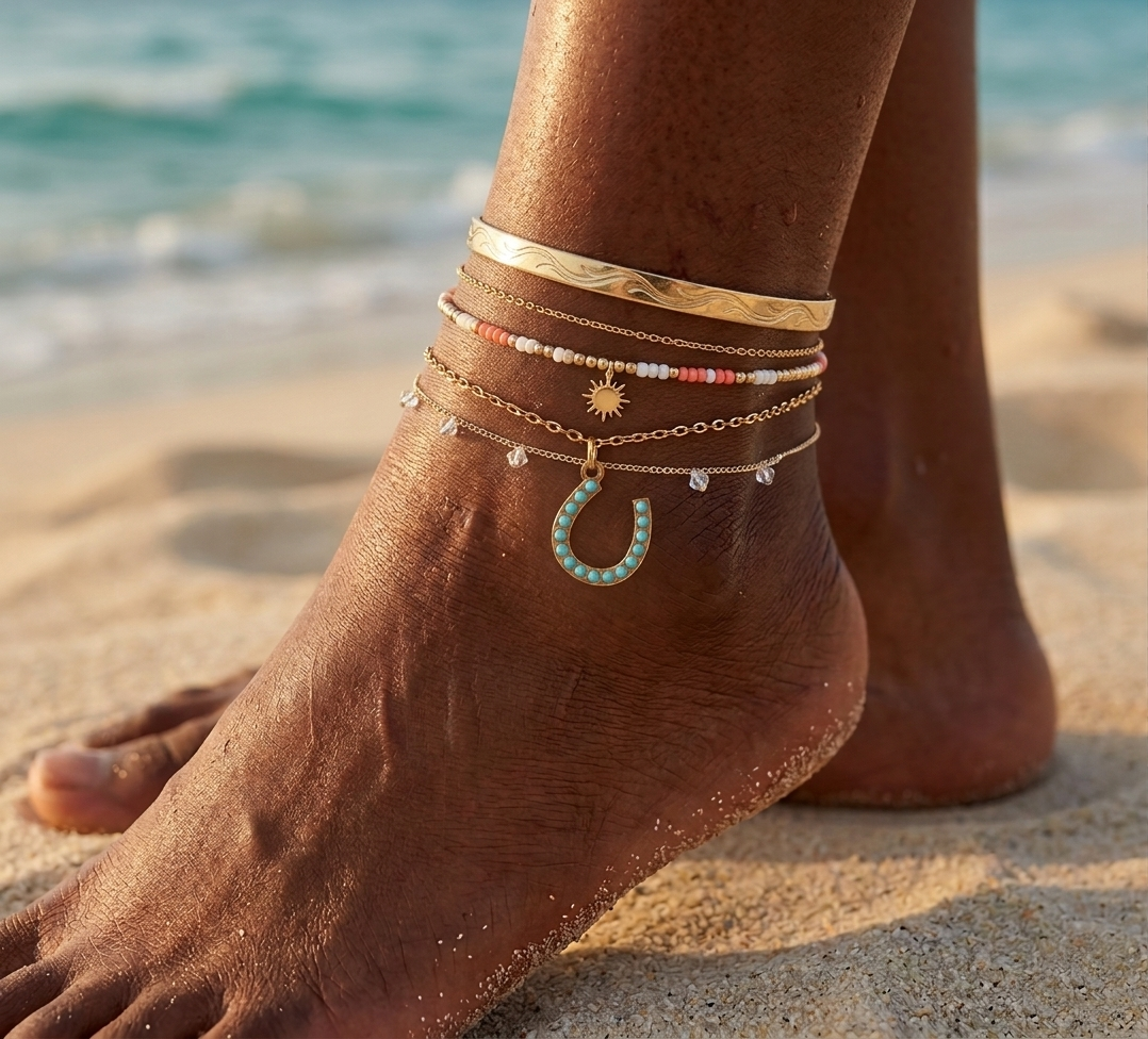 Turquoise horseshoe charm worn as an anklet on the beach.