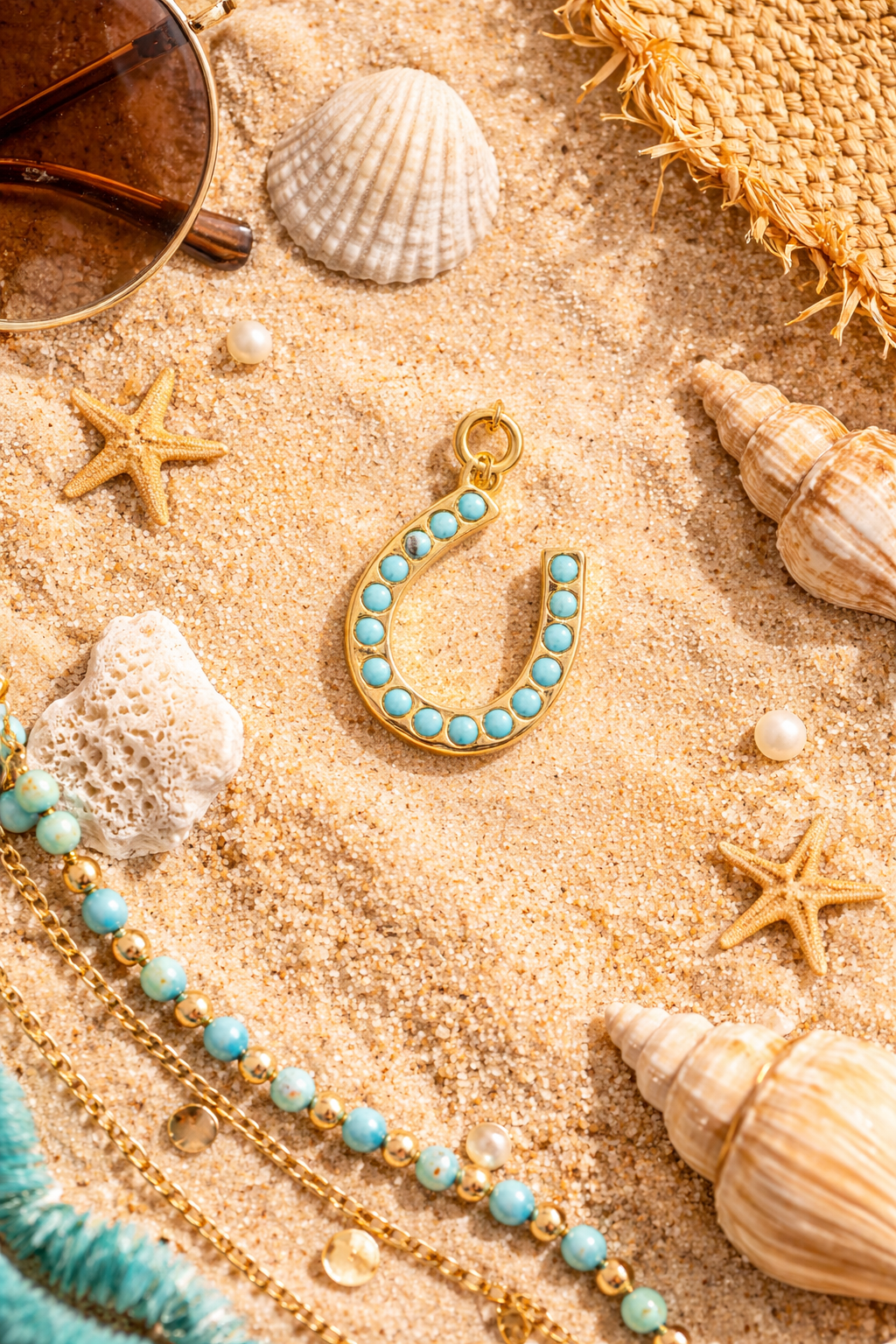 Turquoise horseshoe charm jewelry on beach themed flat lay with sand and ocean inspired styling.