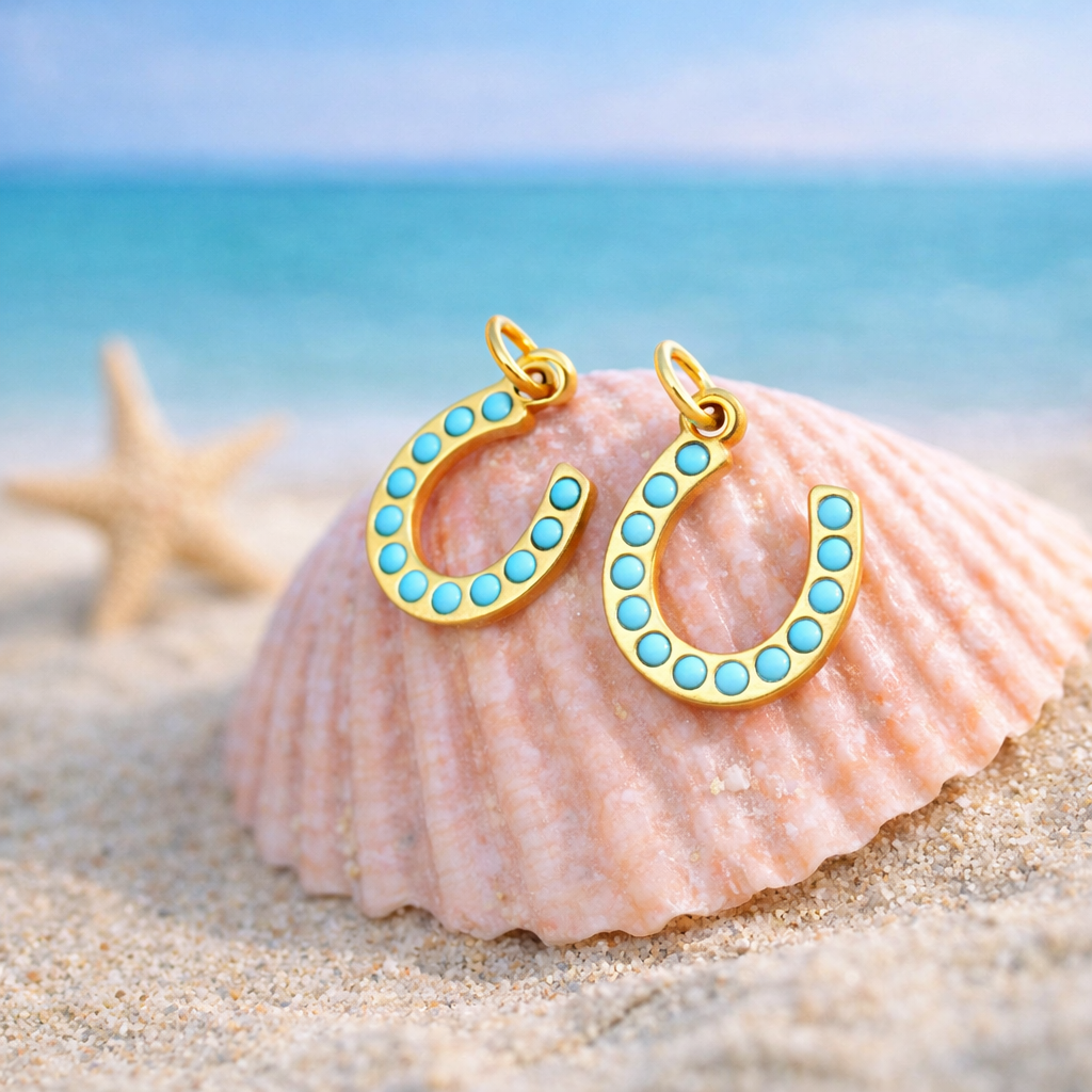 Gold turquoise horseshoe charm displayed in beach themed flat lay styling.